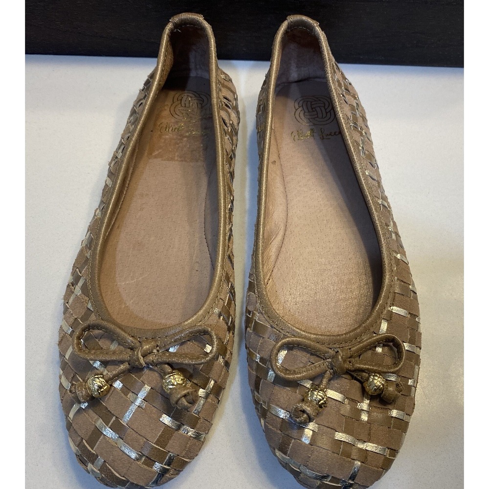 Elliot Lucca Woven Leather Flats Size 7 Tied Bow Gold Metallic Casual Slip On